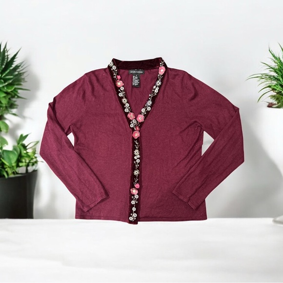 goodclothes Sweaters - Vintage Burgundy Floral Beaded Velvet Trim Cardigan snap buttons Size S